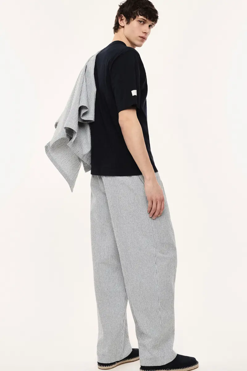 Trousers baggy-fit a righe con pinces e catenella Bianco miniatura 3