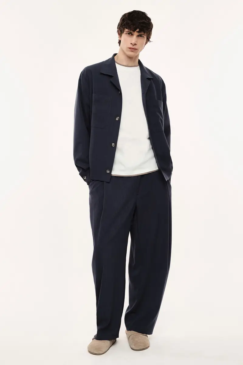 Trousers baggy-fit con vita elastica e pieghe Navy miniatura 2