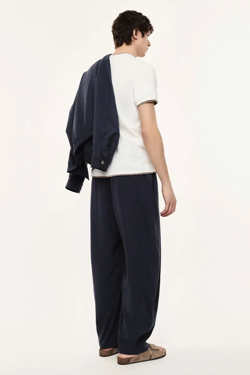 Trousers baggy-fit con vita elastica e pieghe Navy miniatura 3