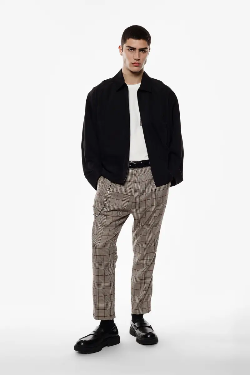 Trousers baggy-fit motivo check con catena Beige miniatura 2