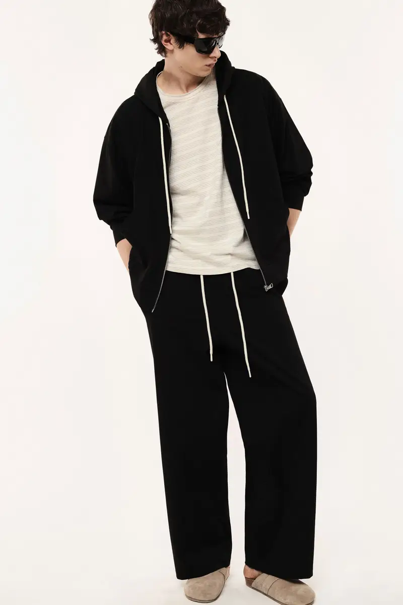 Trousers baggy-fit vita media con coulisse Nero miniatura 2