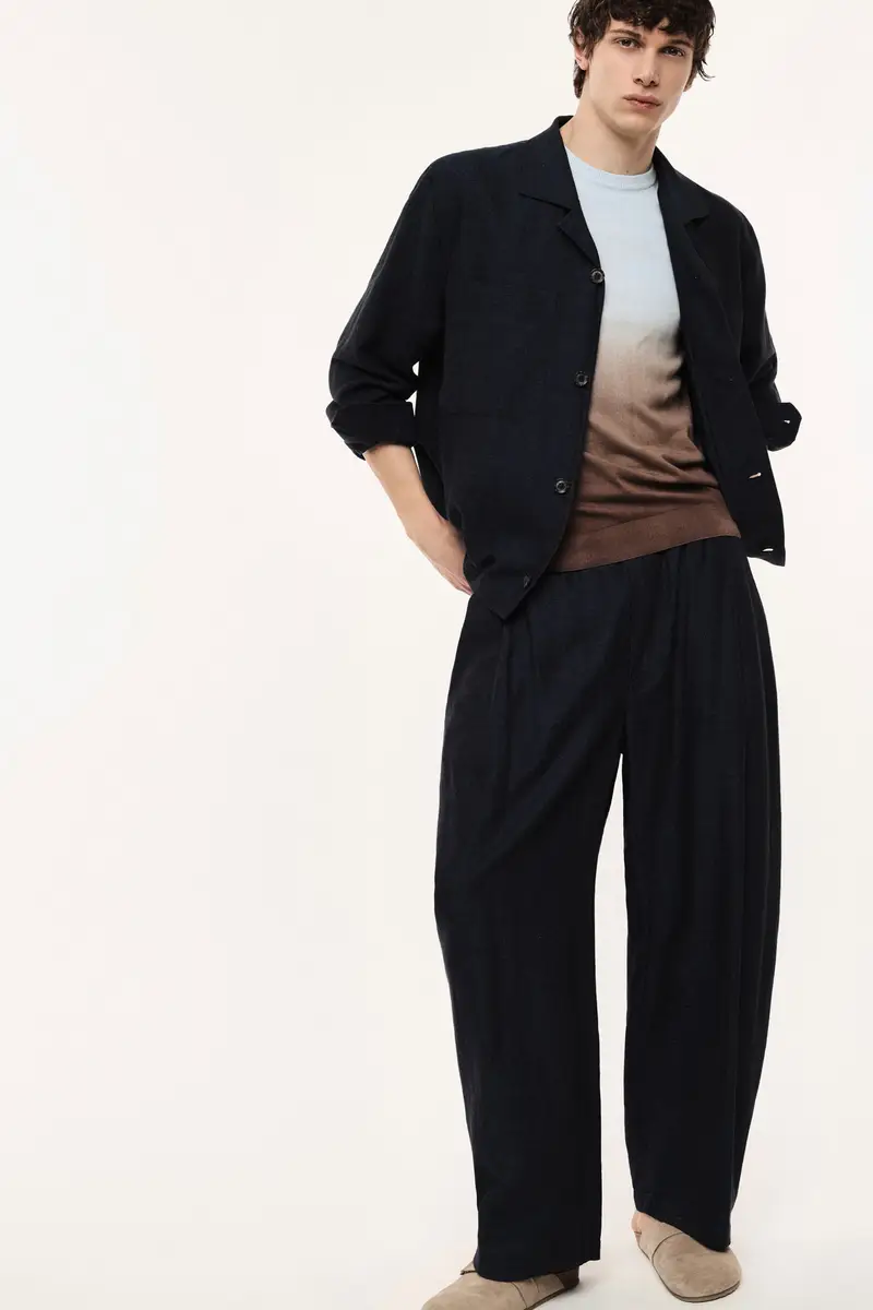 Trousers baggy-fit vita media con pince Blu miniatura 2