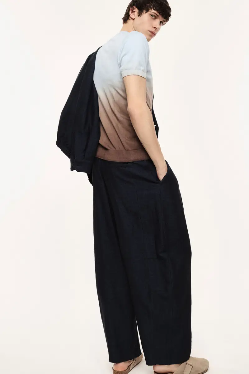 Trousers baggy-fit vita media con pince Blu miniatura 3