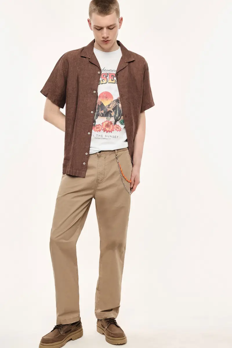 Trousers chino-fit dritti con catena decorativa Camel miniatura 2