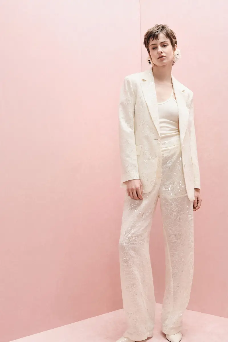 Trousers palazzo ampi paillettes vita alta Avorio miniatura 2