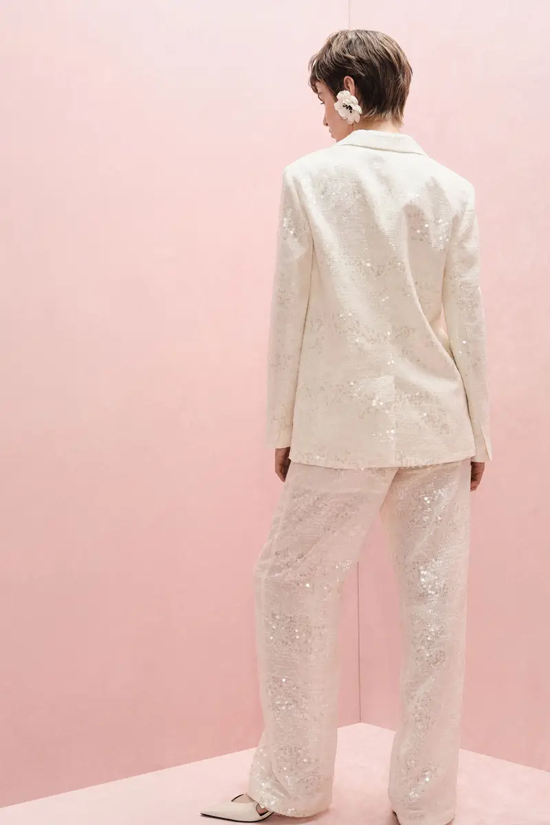 Trousers palazzo ampi paillettes vita alta Avorio miniatura 3