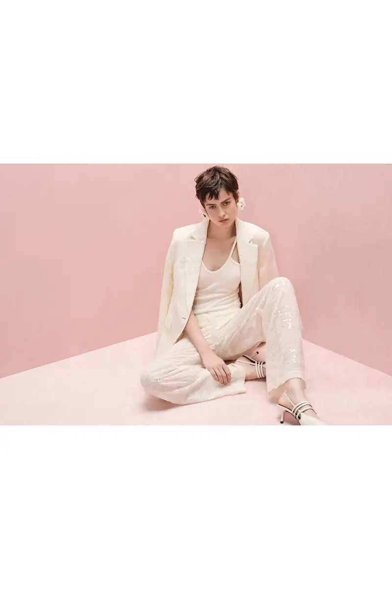 Trousers palazzo ampi paillettes vita alta Avorio miniatura 4