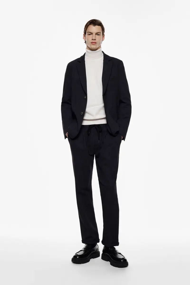 Trousers regular-fit con coulisse e risvolto Nero miniatura 3