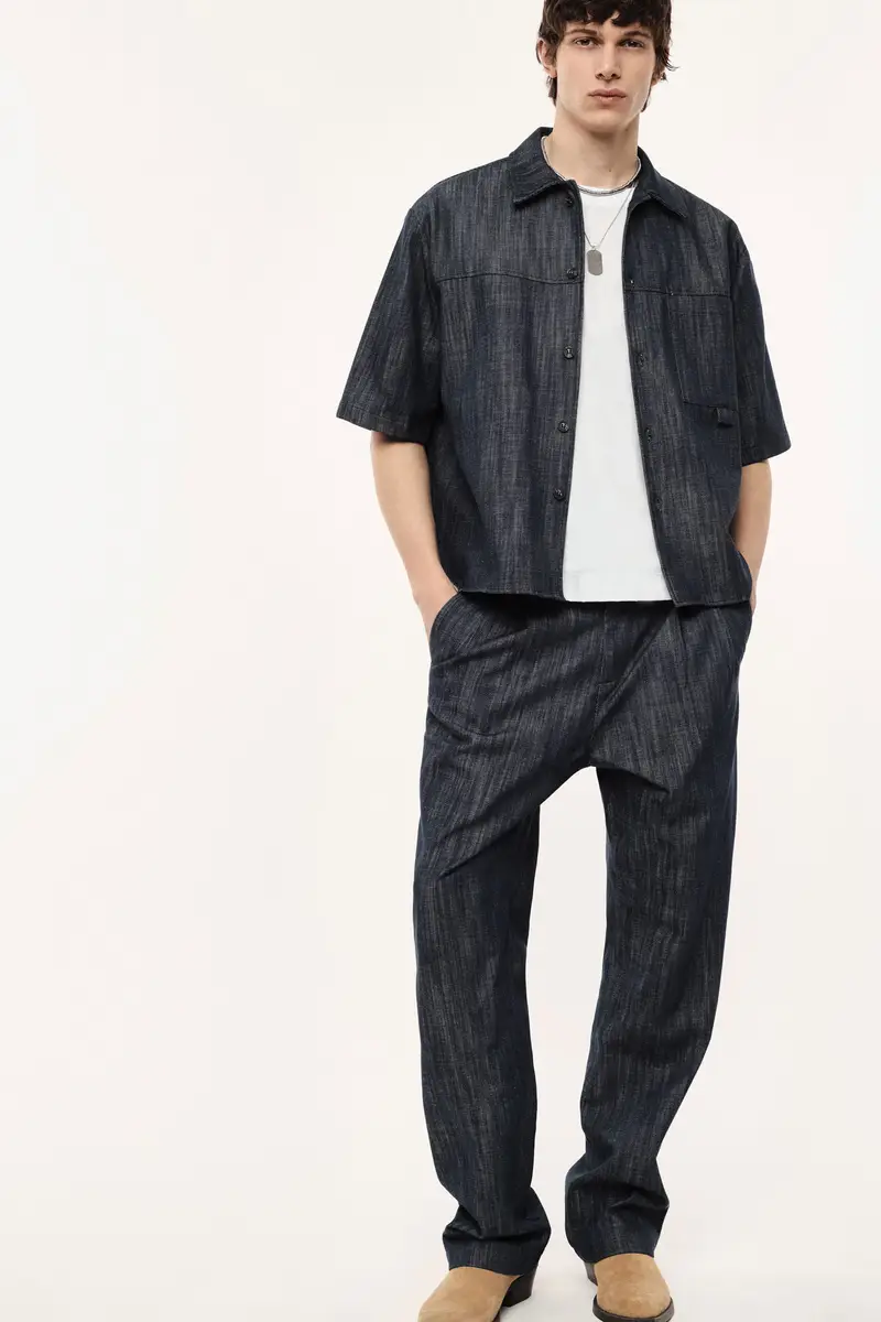 Trousers regular-fit con pince e chiusura a bottone Blu denim miniatura 2