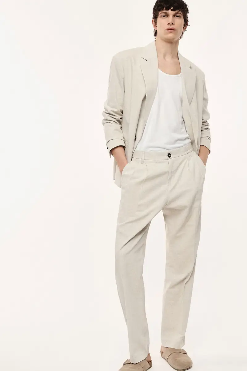 Trousers regular-fit con pince e chiusura a bottone Ecru miniatura 2