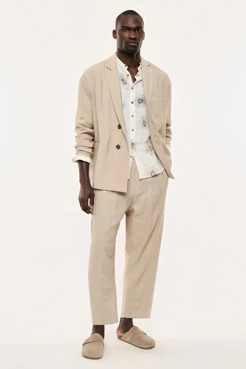 Trousers regular-fit con vita elasticizzata e piega Beige miniatura 2