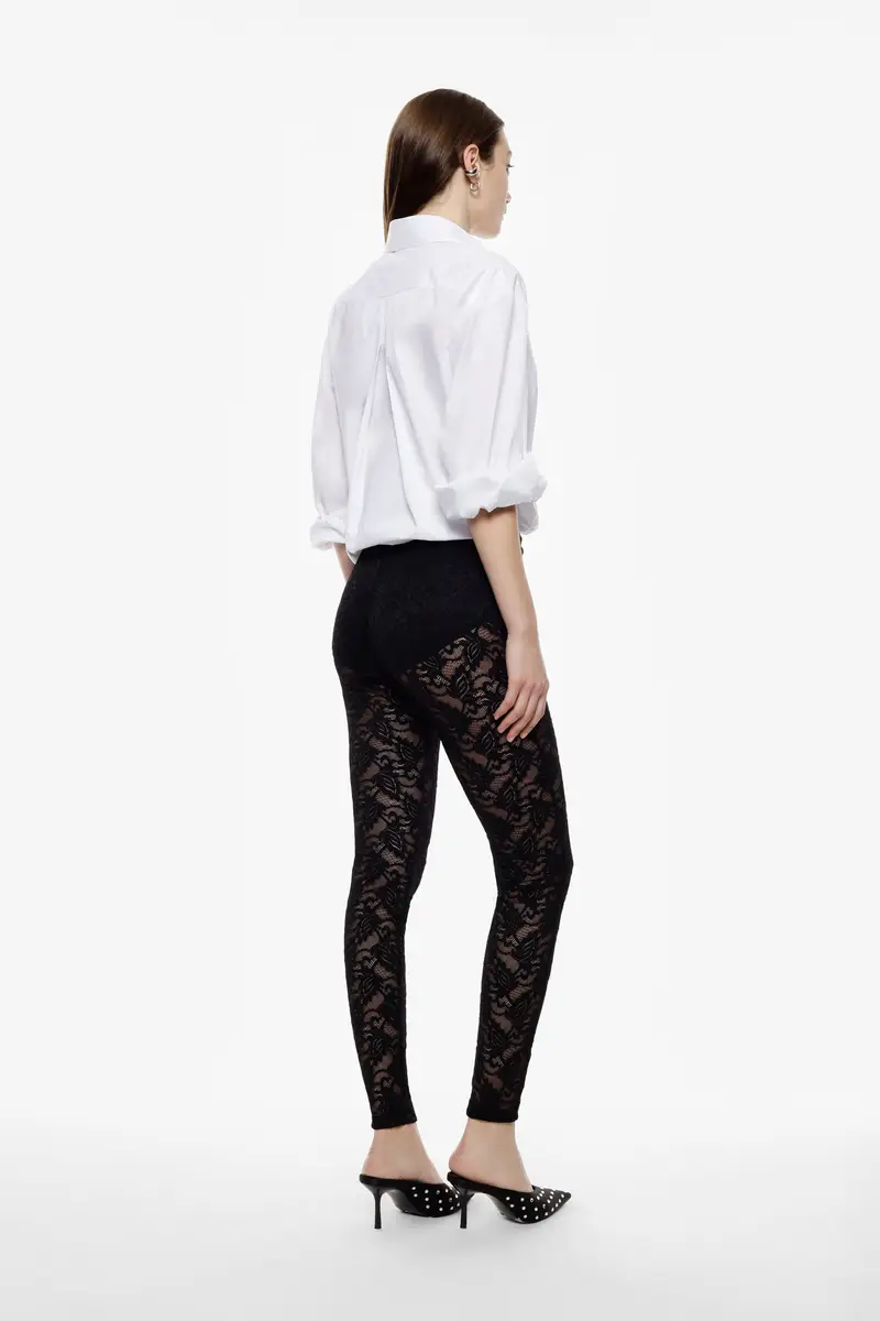 Trousers slim-fit con motivo pizzo e vita alta Nero miniatura 3