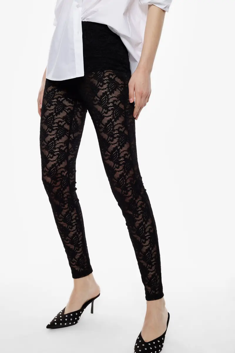 Trousers slim-fit con motivo pizzo e vita alta Nero miniatura 4