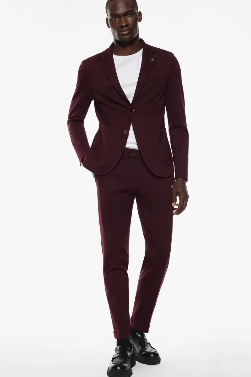 Trousers slim-fit con risvolto e tasche laterali Bordeaux miniatura 2