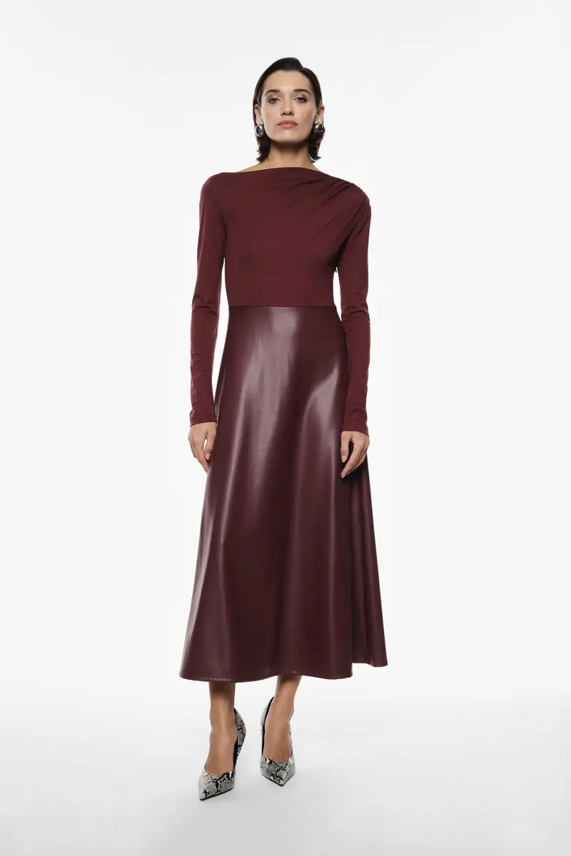 Vestito lungo con gonna in similpelle Bordeaux miniatura 2
