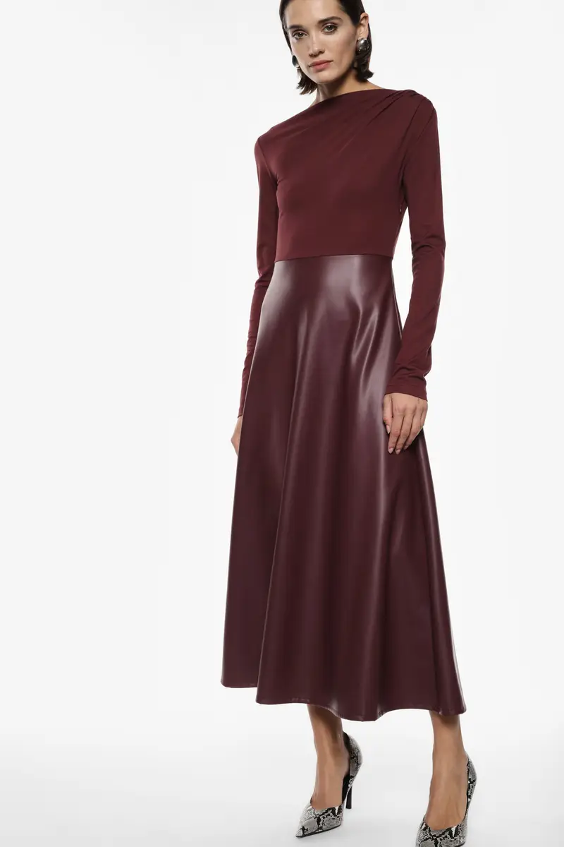 Vestito lungo con gonna in similpelle Bordeaux miniatura 4