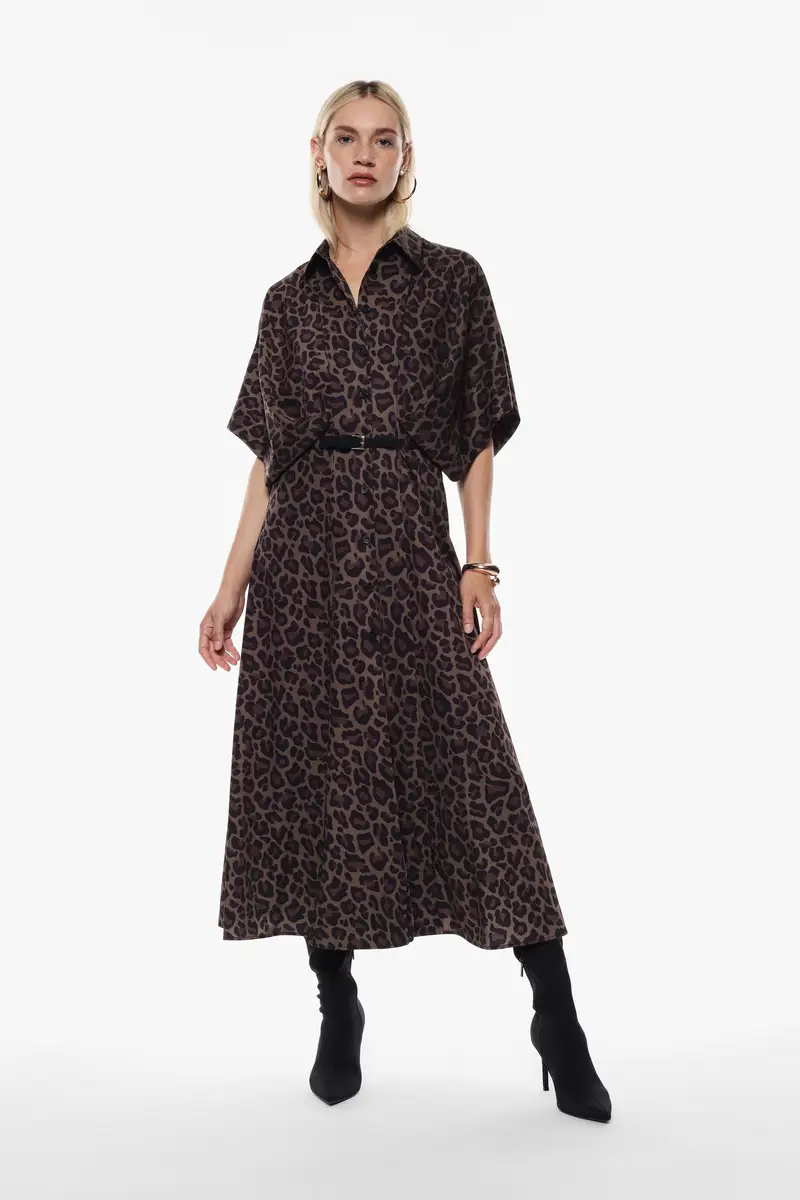 Vestito stampa animalier con cintura Fango miniatura 2