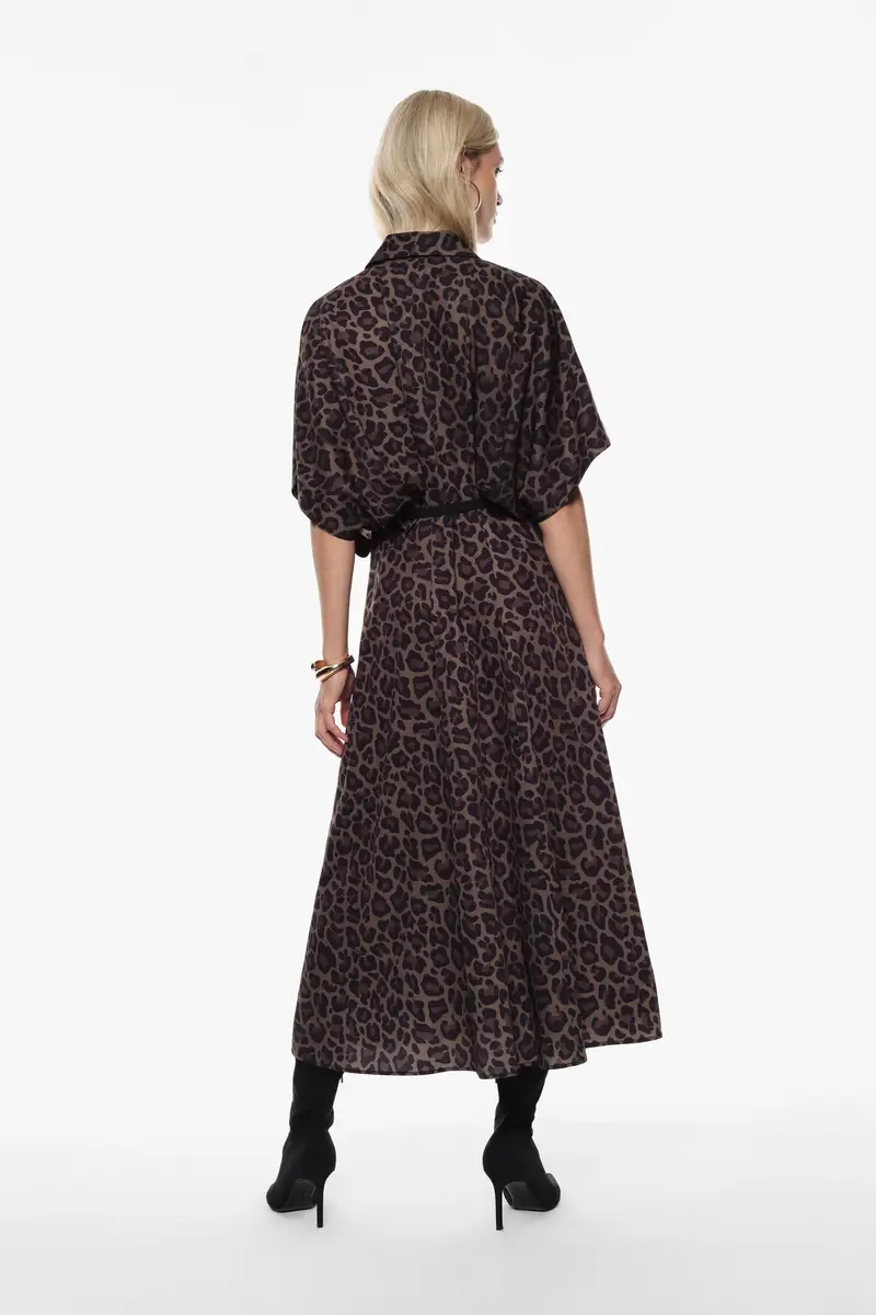 Vestito stampa animalier con cintura Fango miniatura 3