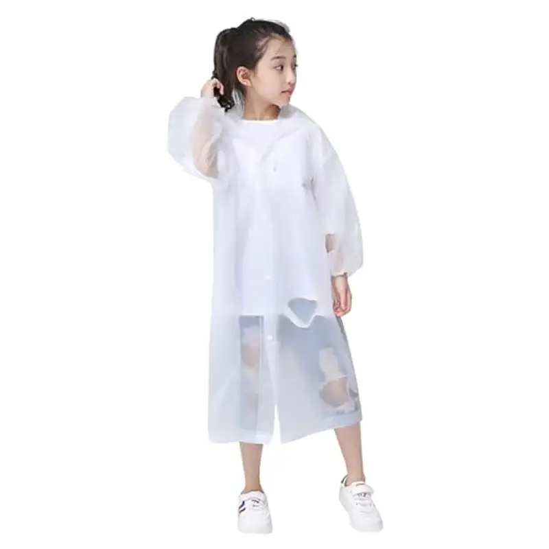 Impermeabile per Bambini, Poncho Pioggia Bambini Riutilizzabile Eva Giacca da Pioggia con Cappuccio Unisex, Cappotto da Pioggia Mantella Antipioggia per Campeggio Viaggio Attività all'aperto (Bianco)