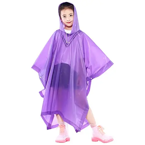 Impermeabile Pioggia Poncho per Bambini, Riutilizzabile EVA Cappotto da Pioggia con Cappuccio e Bottoni per Ragazzi