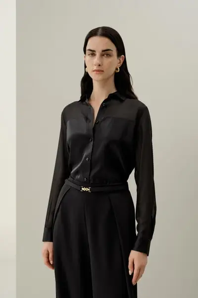 Camicia Lussuosa Button Down in Seta Organza a Maniche Lunghe per Donna EURNero