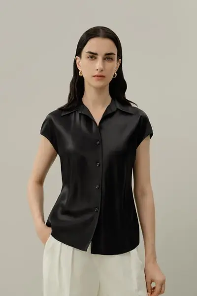 Camicia Lussuosa in Seta Taglio Bias a Maniche Corte | Lavabile in Lavatrice EURNero