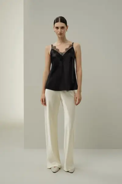 Camisole in seta in diagonale con bordi in pizzo EURNero