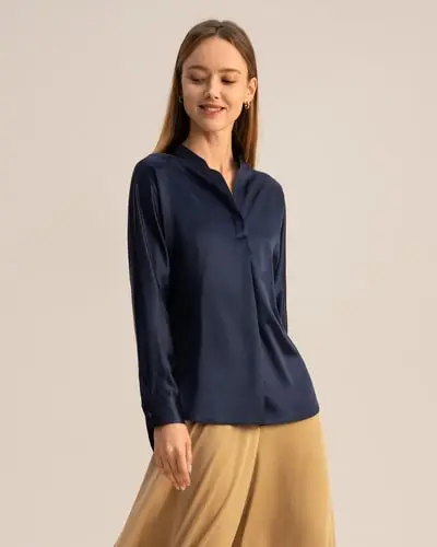 Comoda camicia in seta con collo diviso EURBlu