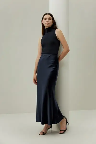 Gonna lunga in seta charmeuse a doppio volto EURBlu Notte