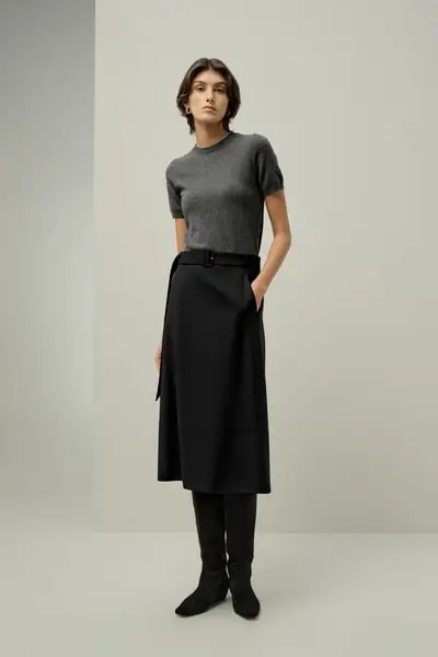 Gonna Midi in Seta-Lana con Cintura - Stile Elegante e Versatile EURNero