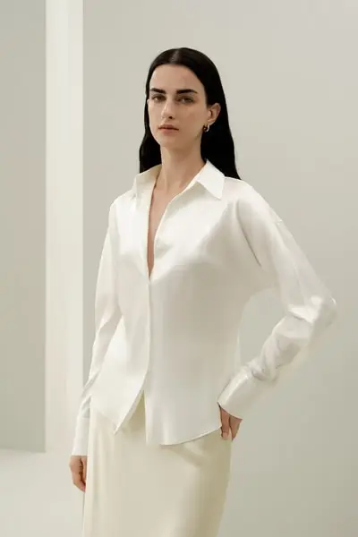 Lussuosa Camicia in Seta Taglio Bias | Camicetta Premium Lavabile da Donna EURBianco Naturale