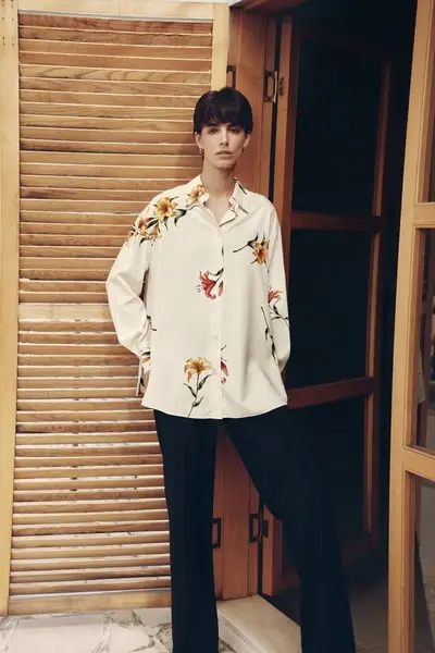 Lussuosa Camicia Oversize Stampa Giglio in Seta Filata Pura EURGiglio Bianco