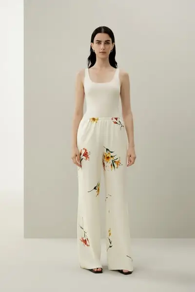 Lussuosi Pantaloni a Gamba Larga Stampa Giglio Seta | Traspiranti EURGiglio Bianco