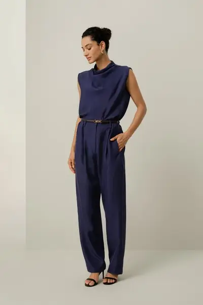 Lussuosi Pantaloni Barrel Silk Habotai Sabbiato per Donna EURBlu Mirtillo