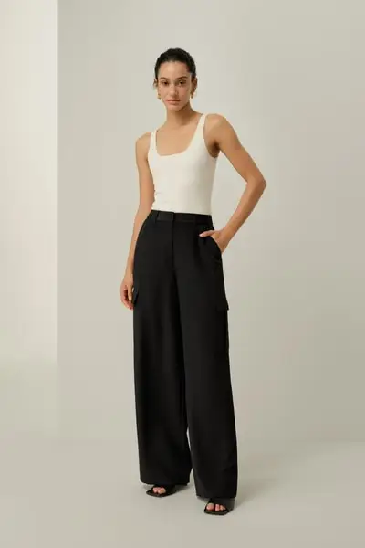 Lussuosi Pantaloni Cargo a Gamba Larga in Crêpe di Seta per Donna EURNero