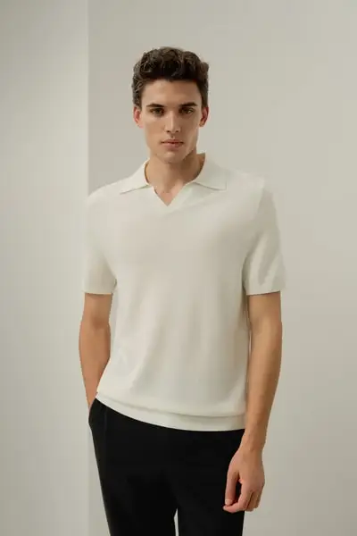 Polo a Maglia Seta-Cotone di Lusso | Camicia Regular-Fit Traspirante Uomo EURBianco