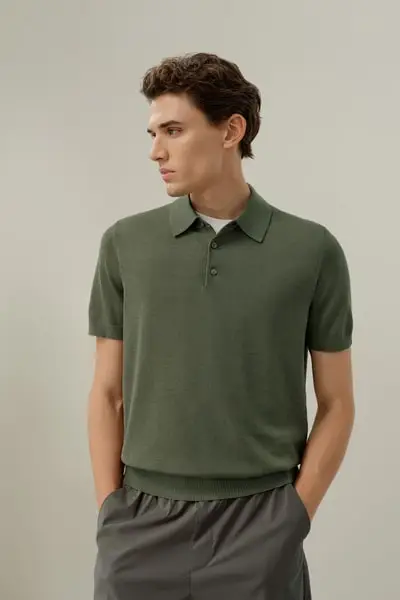 Polo Lussuosa Scollo a V Seta-Cotone | Camicia Regular-Fit Uomo EURVerde Olivia