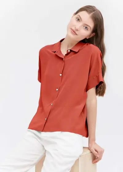 T-Shirt allentata in seta a maniche corte casual EURRosso brunastro