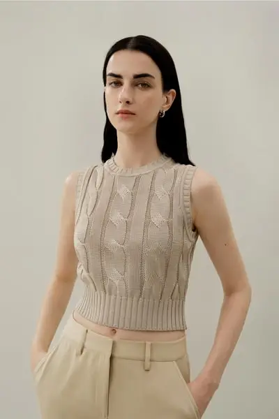 Top Corto Lussuoso in Seta Tussah a Maglia Intrecciata per Donna EURBeige