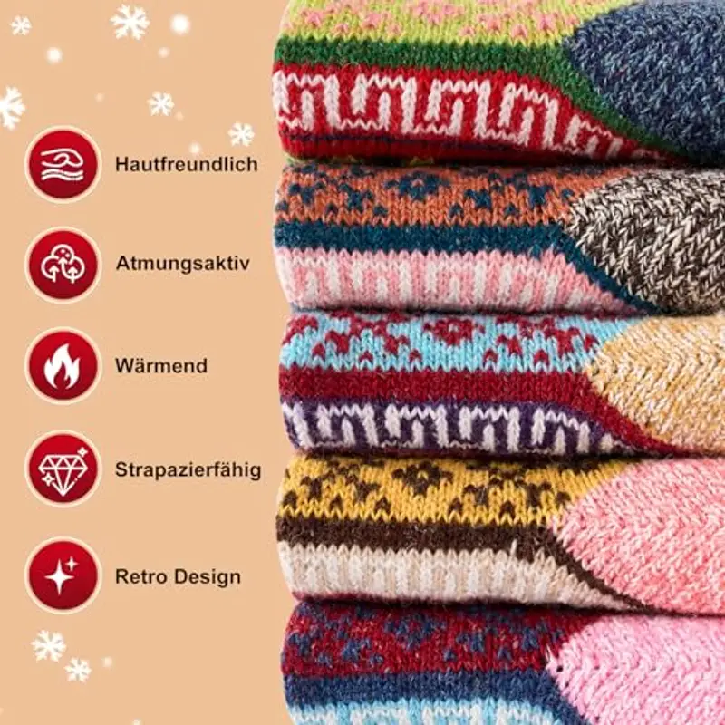 inaWarm Calzini termici da donna, 5 paia, spessi e caldi, in lana, traspiranti, colorati e confortevoli, ideali come miniatura 2