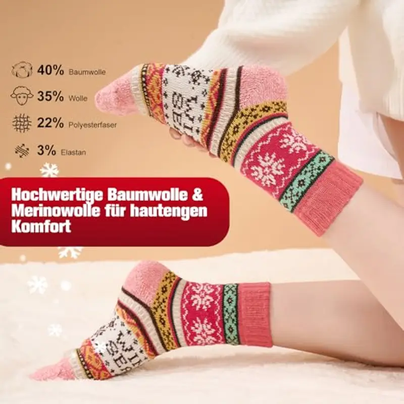 inaWarm Calzini termici da donna, 5 paia, spessi e caldi, in lana, traspiranti, colorati e confortevoli, ideali come miniatura 3