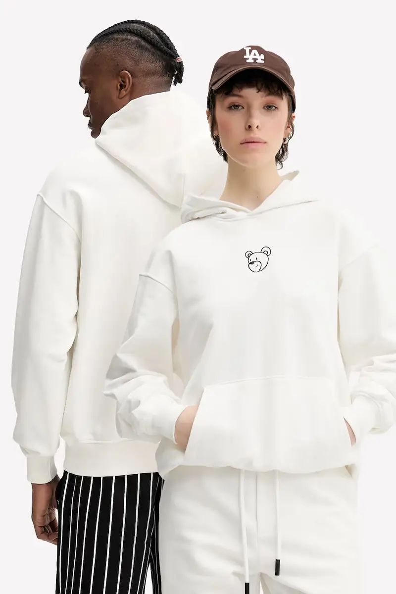 felpa in cotone colore beige con cappuccio con applicazione S5TWUAHS024