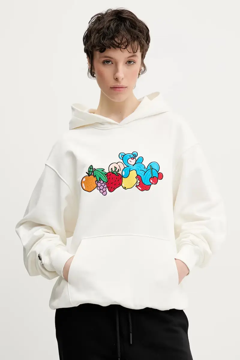 felpa in cotone colore beige con cappuccio con applicazione S5TWUAHS032 miniatura 3