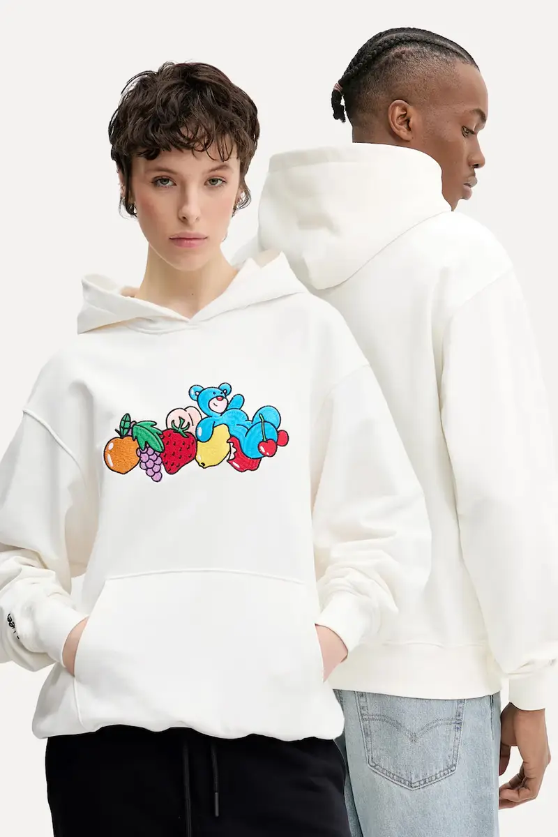 felpa in cotone colore beige con cappuccio con applicazione S5TWUAHS032