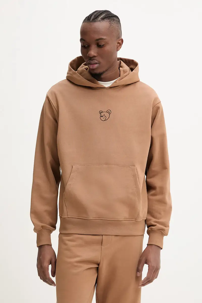 felpa in cotone colore marrone con cappuccio con applicazione S5TWUAHS024 miniatura 2