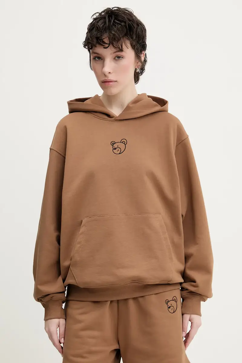 felpa in cotone colore marrone con cappuccio con applicazione S5TWUAHS024 miniatura 3