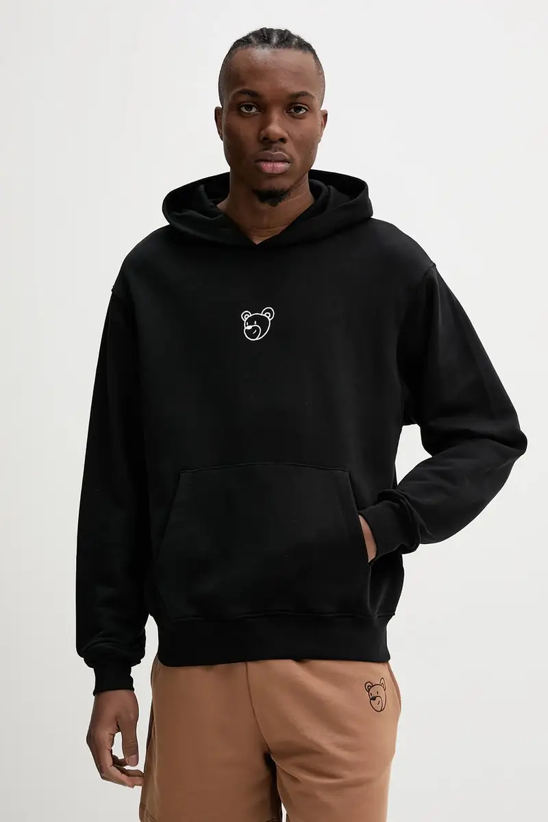 felpa in cotone colore nero con cappuccio con applicazione S5TWUAHS024 miniatura 2