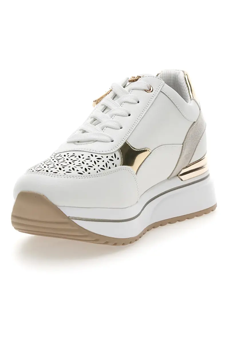 Sneakers bianche traforate con dettagli oro e zeppa Inblu 478IN [BIANCO] miniatura 3