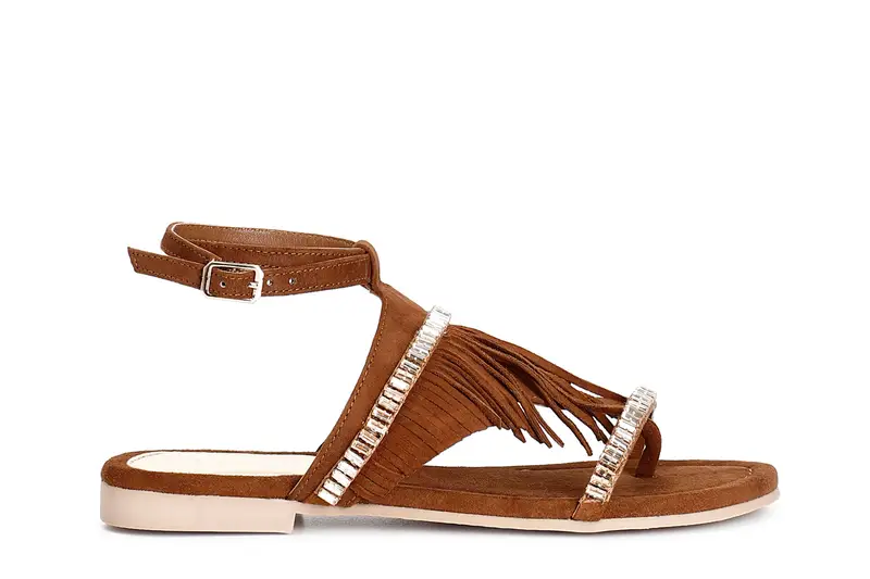 infradito in camoscio con frange e catena strass marrone