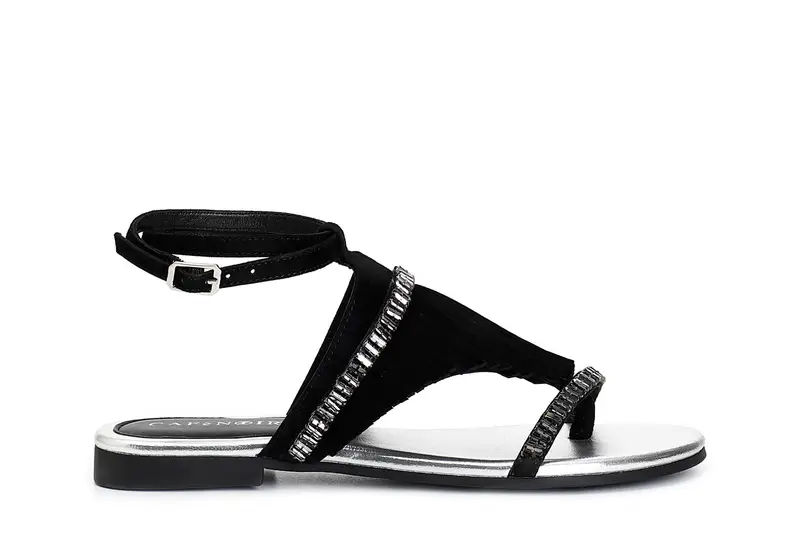 infradito in camoscio con frange e catena strass nero 35